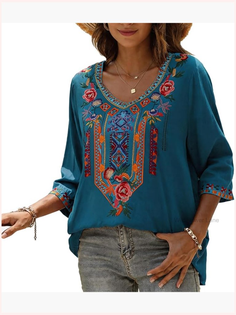 3/4 Sleeve V-Neck Embroidered Peasant Tunic Blouse Flowy Boho Tops